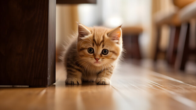 portrait of a small kitten sitting on the floor of the house alone
