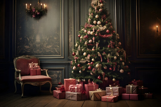 Festive Room: A Grand Christmas Tree and Gifts Galore. Big Christmas tree decorated in a room and gifts under it. Symbolizing the tradition and festive spirit of Christmas gifting.
