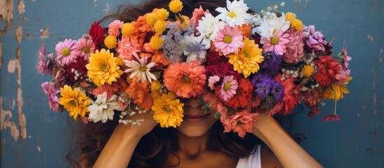 Girls' face covered with lots of beautiful and colourful flowers