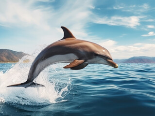 Beautiful dolphin jumping out of sea with clear blue water on sunny day