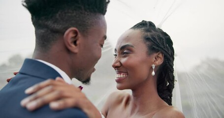 Outdoor, kiss and black couple with marriage, wedding and hug with happiness, romance and celebration. African man, happy woman and embrace outside, love and bride with groom, romantic and commitment - Powered by Adobe