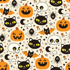 Halloween vector seamless pattern with cute funny characters: pumpkins, skulls, black cats and bats in black and orange colors on light background. - 651544870