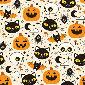 Halloween vector seamless pattern with cute funny characters: pumpkins, skulls, black cats and bats in black and orange colors on light background.