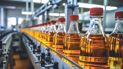 Juice in glass bottles on conveyor belt at beverage plant, Industrial manufacturing production line.