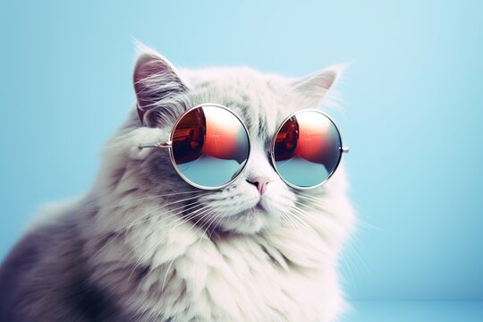 Portrait of white persian furry cat in fashion blue sunglass. Funny pet on light blue background. Kitten in sunglass. Fashion, style, cool animal concept with copy space