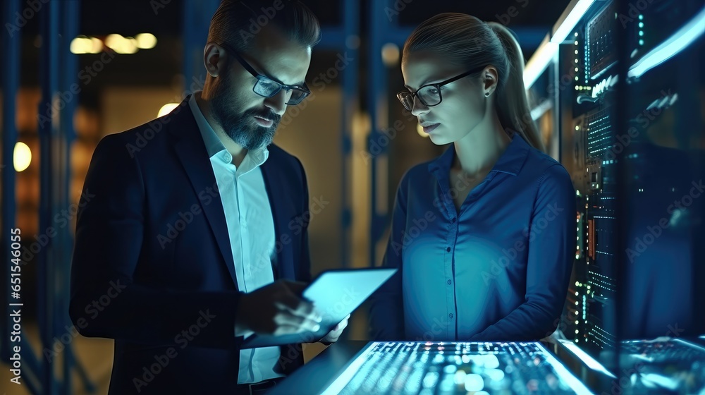 Aufkleber Two IT man and woman using a digital tablet while working in a data centre, Professional computer engineers, Developers and programmers planning data coding interface for mainframe.