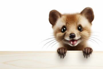 Funny weasel peeking from behind a wooden board, isolated on white background