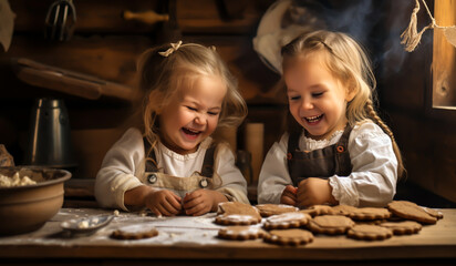 Obraz na płótnie Canvas Children making Christmas cookies in a rustic kitchen. AI generated