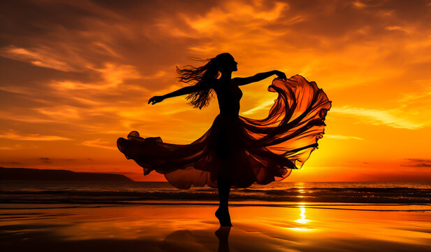 Silhouette of a woman dancing on the beach at sunset. AI generated