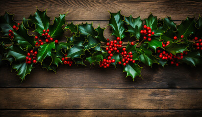 Christmas background with holly berries on rustic wooden table. AI generated