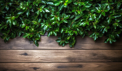 Green leaves on wooden background. AI generated