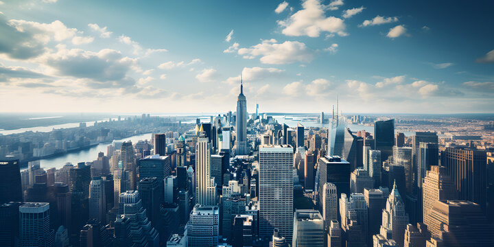 Panoramic photo of new york city skyline in manhattan downtown with skyscrapers at cloudy blue sky background 