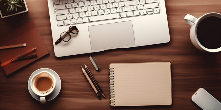 Vertical top view composition of modern office workspace with laptop, note book, coffee glasses pens and plant on a rustic brown wooden desk background