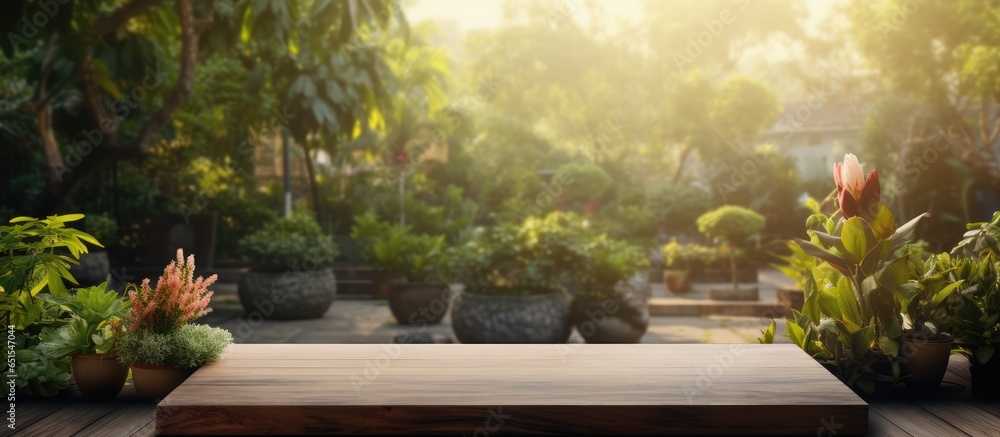 Poster architecture and garden blend with a hazy backdrop