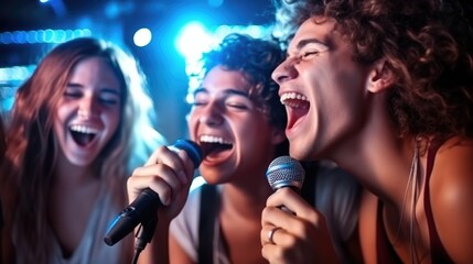 Group of friends singing at a karaoke party in a night club, Having fun together.