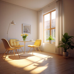Minimalist scandinavian dining room interior with table and yellow chairs by large windows in sunlight. Copy space