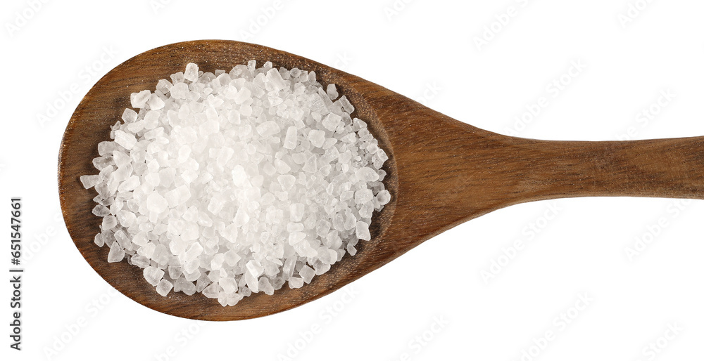 Wall mural Coarse sea salt in wooden spoon isolated on white, top view - Wall murals