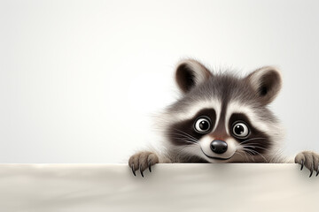 Cute raccoon peeking from behind a white banner with copy space