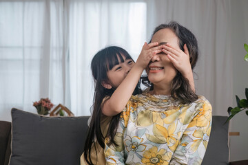 Grandma and granddaughter happily sit and play together in the living room.