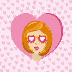 Vector illustration of a girls face with glasses on a pink background. Idea for posters, greeting card design.