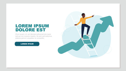 Vector illustration of a person standing on a ladder and pointing confidently upwards, in the background an ascending stock market curve – growth concept