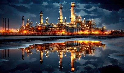 Fototapeta na wymiar Modern illuminated refinery is visible at dusk, Lights from the buildings, Oil market prices continuously increasing, World Oil Industry concept.