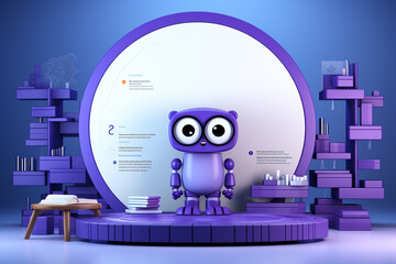 cute little robot in front of a big round podium in purple background