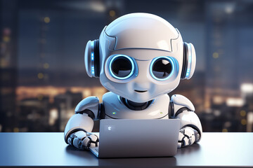 Cute Robot working on a laptop. 3d render. Technology concept.