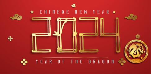 Happy chinese new year 2024 year of the chinese dragon zodiac with on color Background. ( Translation : happy new year, chinese dragon )