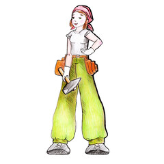 WATERCOLOR ILLUSTRATION GIRL WORKER IN GREEN PANTS WITH A SHOVEL AND BUCKET,FOR A BADGE,LABEL OR EMBLEM