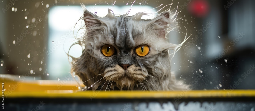 Poster Angry hairdresser grooming wet Persian cat for beauty care