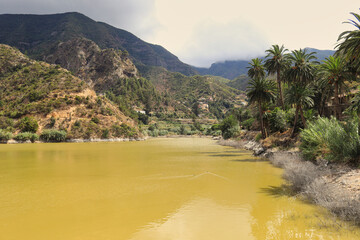 View of the Encantadora reservoir in Vallehermoso, north of the island of La Gomera, Canary Islands, Spain
