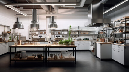 Scandinavian Culinary Laboratory A kitchen designed for culinary experimentation, with state-of-the-art appliances and ample counter space - obrazy, fototapety, plakaty