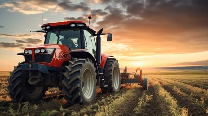 Agricultural tractor working in the field, Tractor in crop field.
