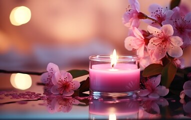 Obraz na płótnie Canvas relax spa background in soft lighting, Candle, cherry blossom , petal, aromatherapy, cozy meditation