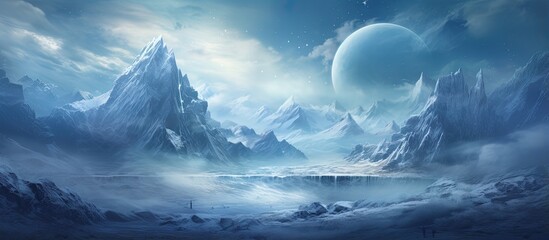 Winter landscape with mountains forest frozen nature glacier valley sketch gaming background dark canyon book cover and poster - obrazy, fototapety, plakaty