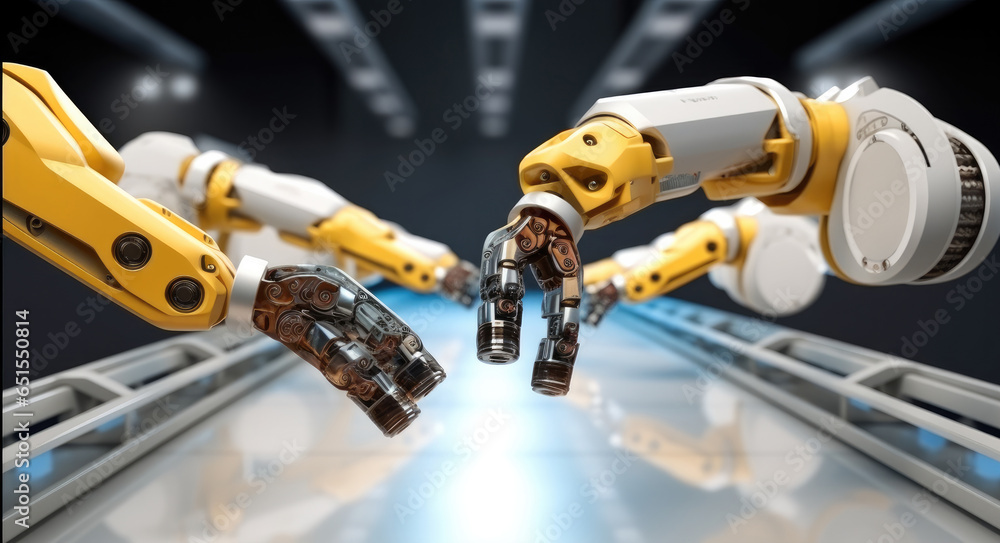Poster Robots arm in factory of future, Automated Robot Arm Assembly with Line Manufacturing High-Tech Green Energy Electric Vehicles.