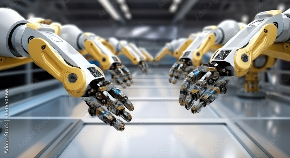 Aufkleber Robots arm in factory of future, Automated Robot Arm Assembly with Line Manufacturing High-Tech Green Energy Electric Vehicles.