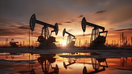 Fototapeta na wymiar Oil pump on a sunset background, Drilling derricks from oil field silhouette, World Oil Industry.