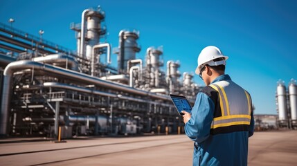 Engineer using tablet working near oil refinery, Oil price crisis continuously increasing, World Oil Industry concept.