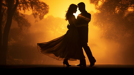 silhueta de casal dançando tango em por do sol  - obrazy, fototapety, plakaty