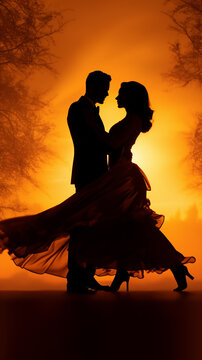silhueta de casal dançando tango em por do sol 