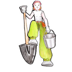 WATERCOLOR ILLUSTRATION GIRL WORKER IN GREEN PANTS WITH A SHOVEL AND BUCKET,FOR A BADGE,LABEL OR EMBLEM