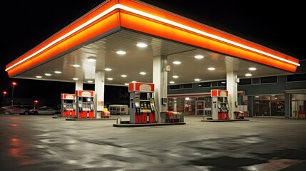 Gas station, Gas station exterior night lights. - obrazy, fototapety, plakaty