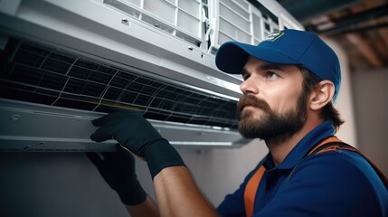 A hired worker repairman cleans and repairs the air conditioner.