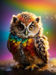 A closeup view of a tiny little owl. Cute, colorful, rainbow colored