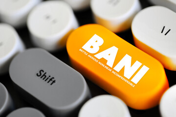 BANI - Brittle Anxious Nonlinear Incomprehensible acronym, encompasses instability and chaotic, surprising, and disorienting situations, concept button on keyboard - obrazy, fototapety, plakaty