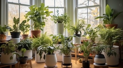 Fototapeta na wymiar Lush vegetation, Variety of indoor plants in home.