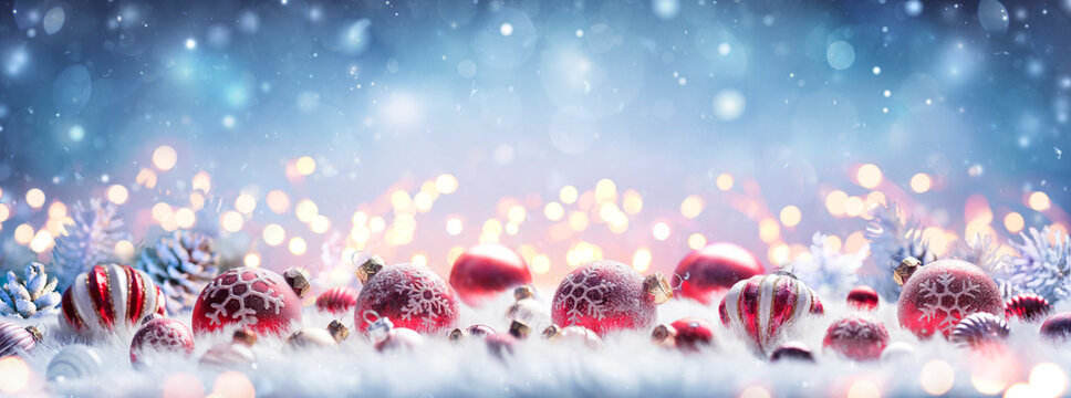 Christmas Decoration - Red Balls On White Fur With Defocused Lights and Abstract Snowy Background