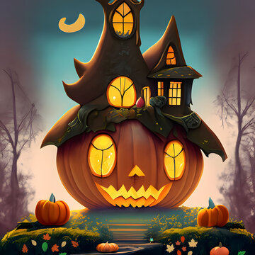 A Halloween fairytale house in pumpkin design, illustration